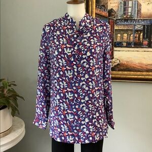 Tucker Silk Blouse Red White Blue Abstract Print S